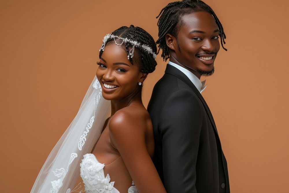 African couple wedding dress portrait.