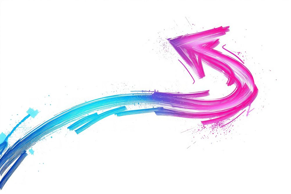 Blue-pink neon curve arrow purple line white background.