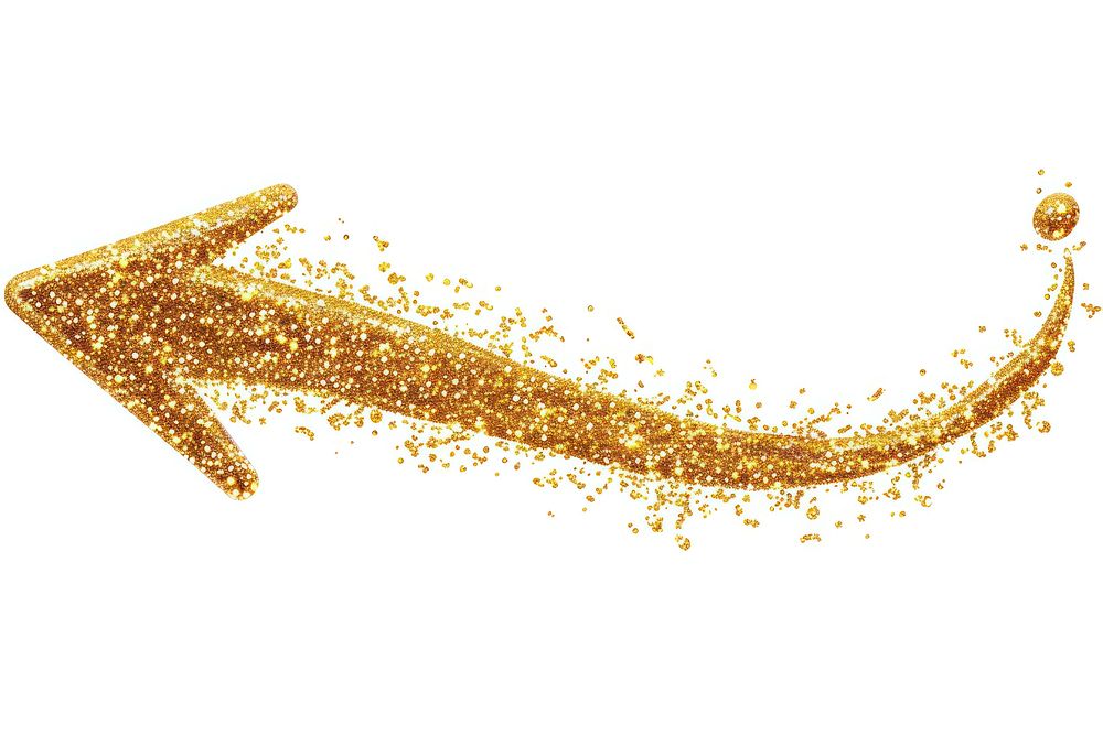 Gold glitter curve arrow white background confetti motion.