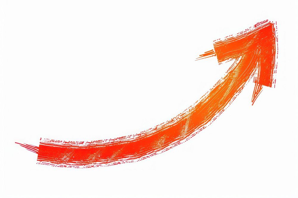 Orange-red neon curve arrow line white background splattered.