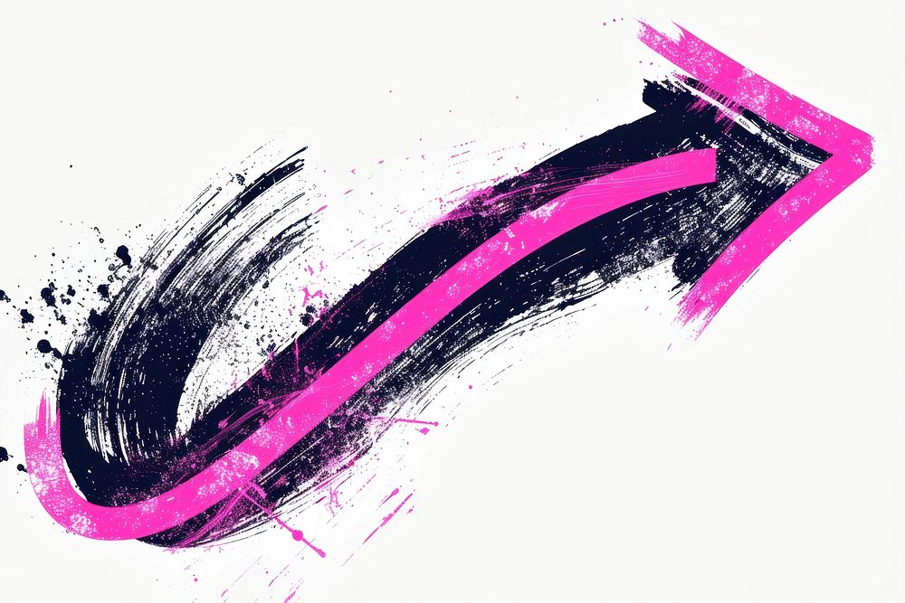 Pink-black neon curve arrow purple line white background.