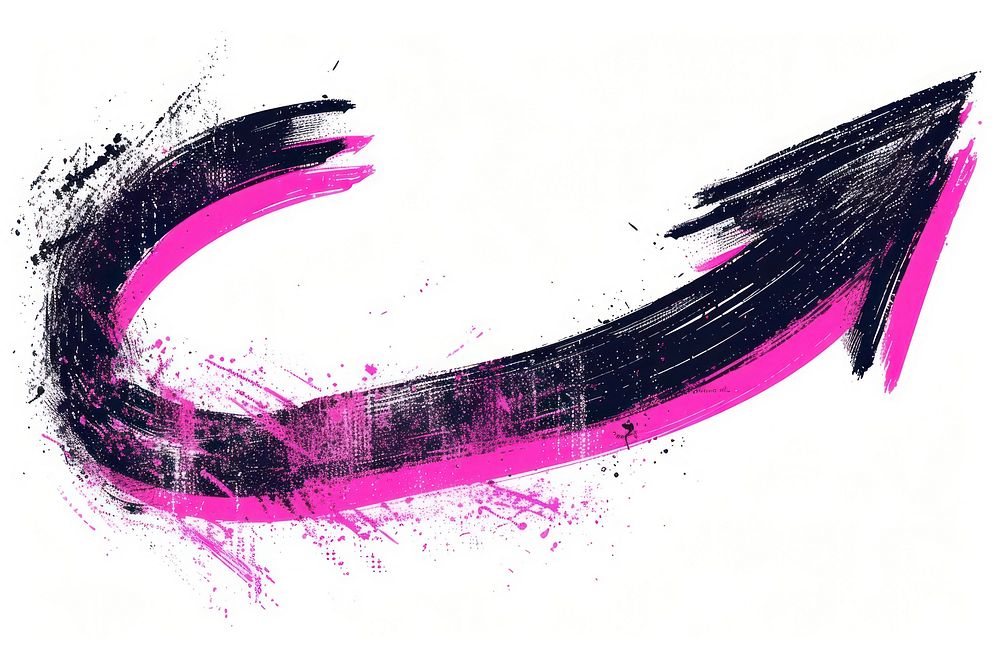 Pink-black neon curve arrow purple line white background.