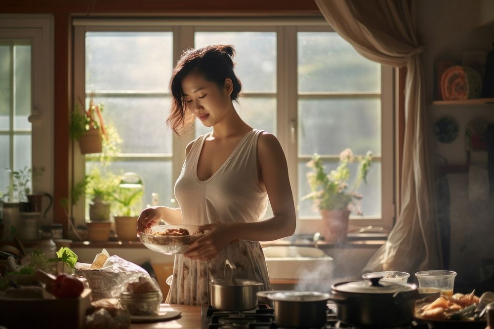 Korean female cooking adult woman.