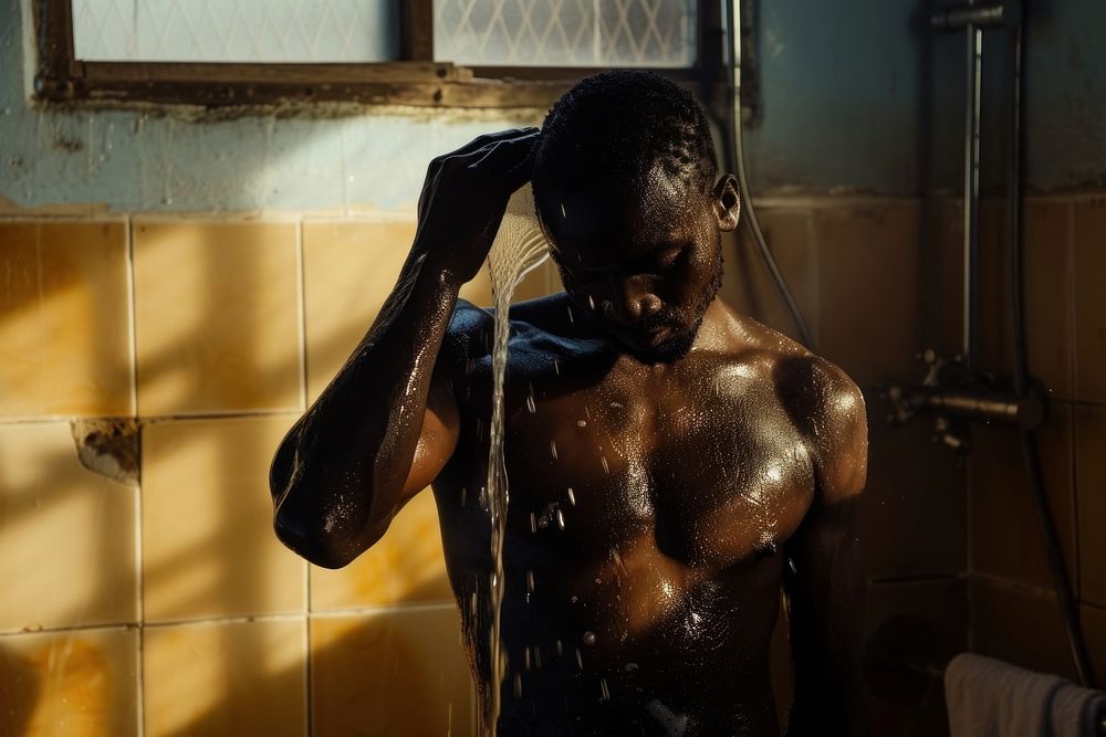 Black South African man bathroom shower adult.