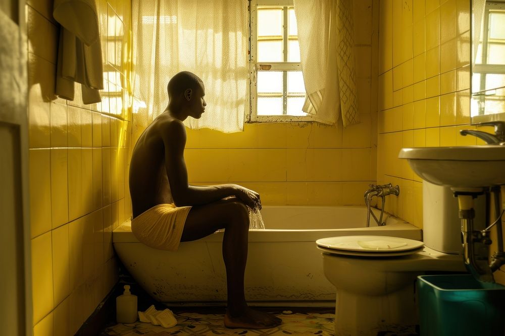 Black South African man bathroom bathtub sitting.