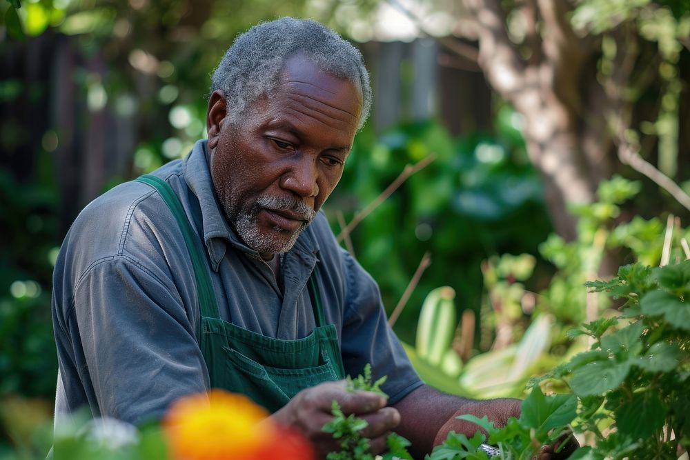 Black South African man gardening outdoors nature.