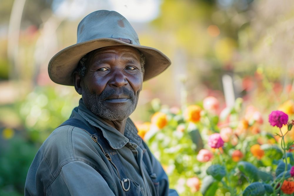 Black South African man gardening portrait outdoors.