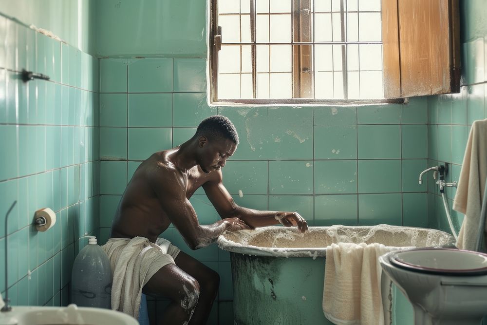 Black South African man bathroom cleaning bathtub.