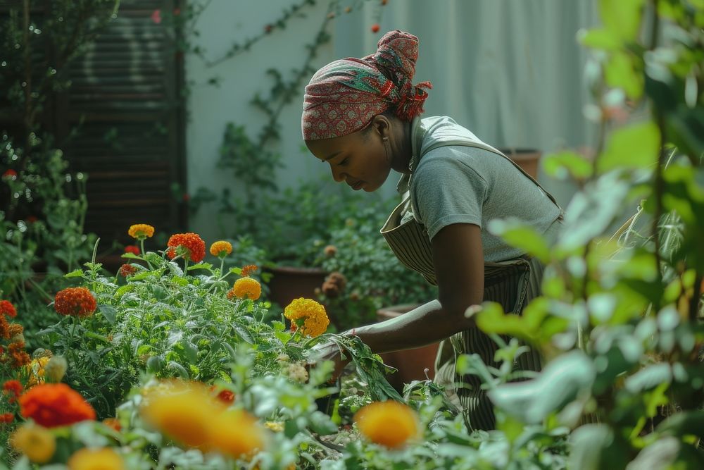 Black South African woman gardening outdoors nature.