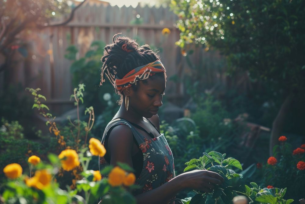 Black South African woman gardening outdoors backyard.