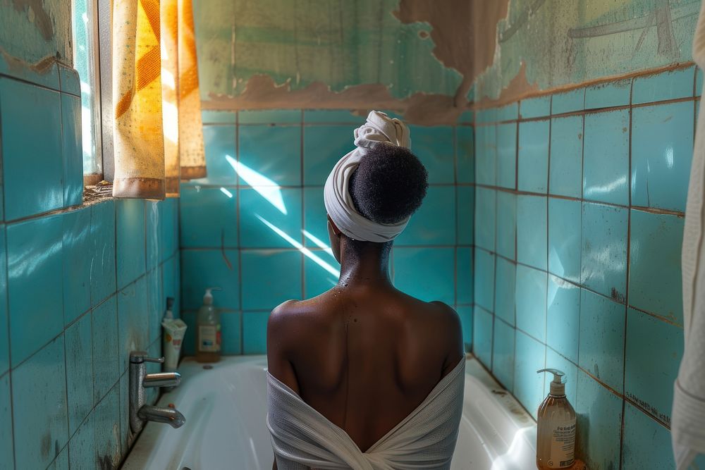 Black South African woman bathroom adult sink.