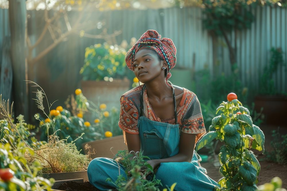 Black South African woman gardening outdoors sitting.