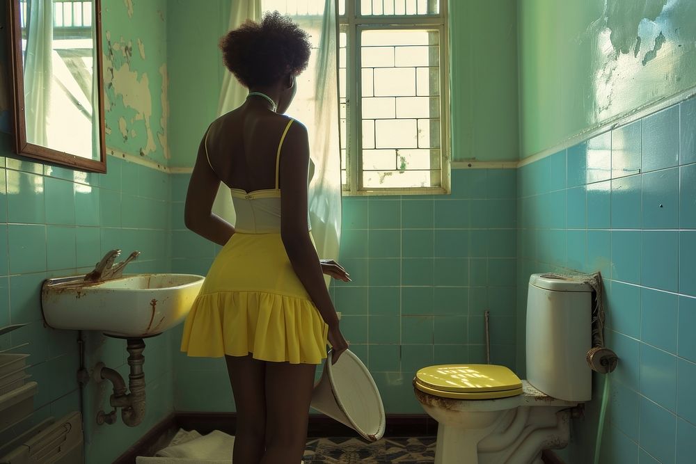 Black South African woman bathroom toilet adult.