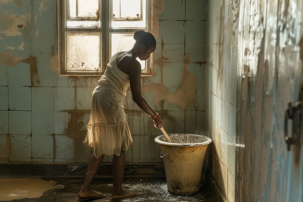 Black South African woman bathroom cleaning adult.