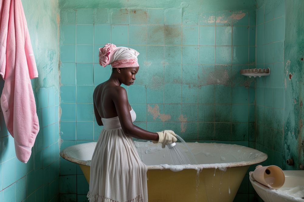 Black South African woman bathroom cleaning bathtub.