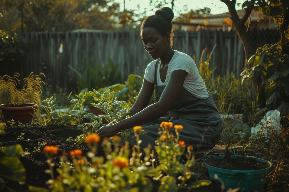 Black South African woman gardening backyard outdoors.