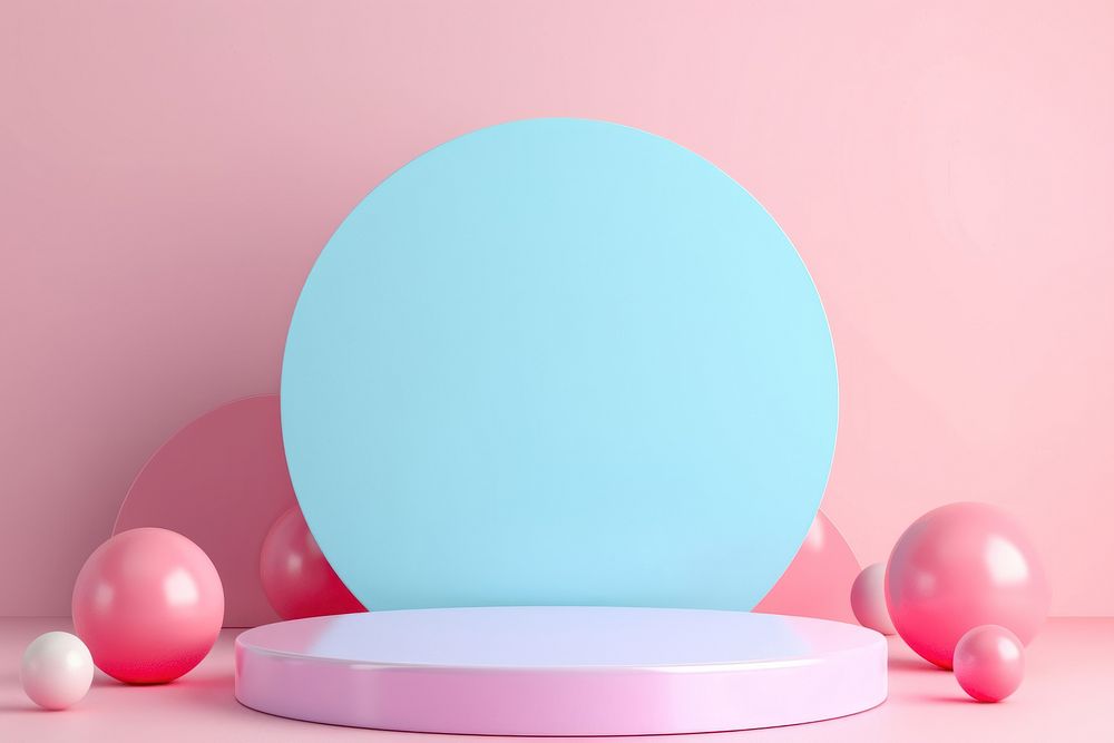 3d render icon of minimal pastel podium balloon sphere celebration.