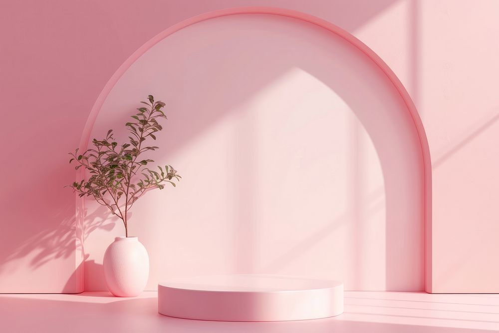 3d render icon of minimal pastel podium architecture plant wall.