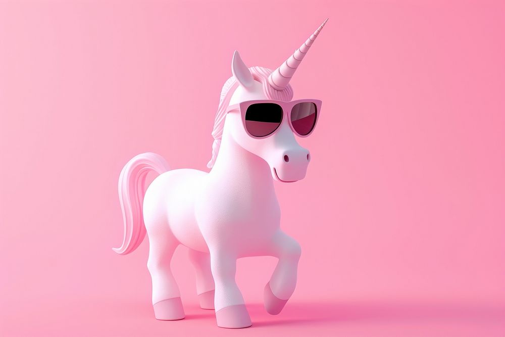 3d render icon of minimalist cartoon unicorn glasses sunglasses mammal.