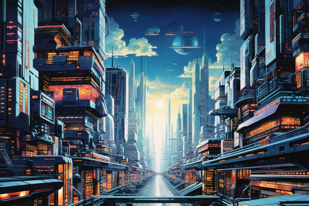 Cyberpunk city architecture metropolis cityscape.