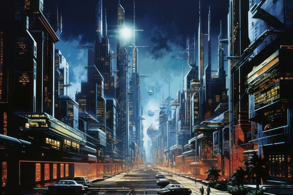 Cyberpunk city architecture metropolis cityscape.