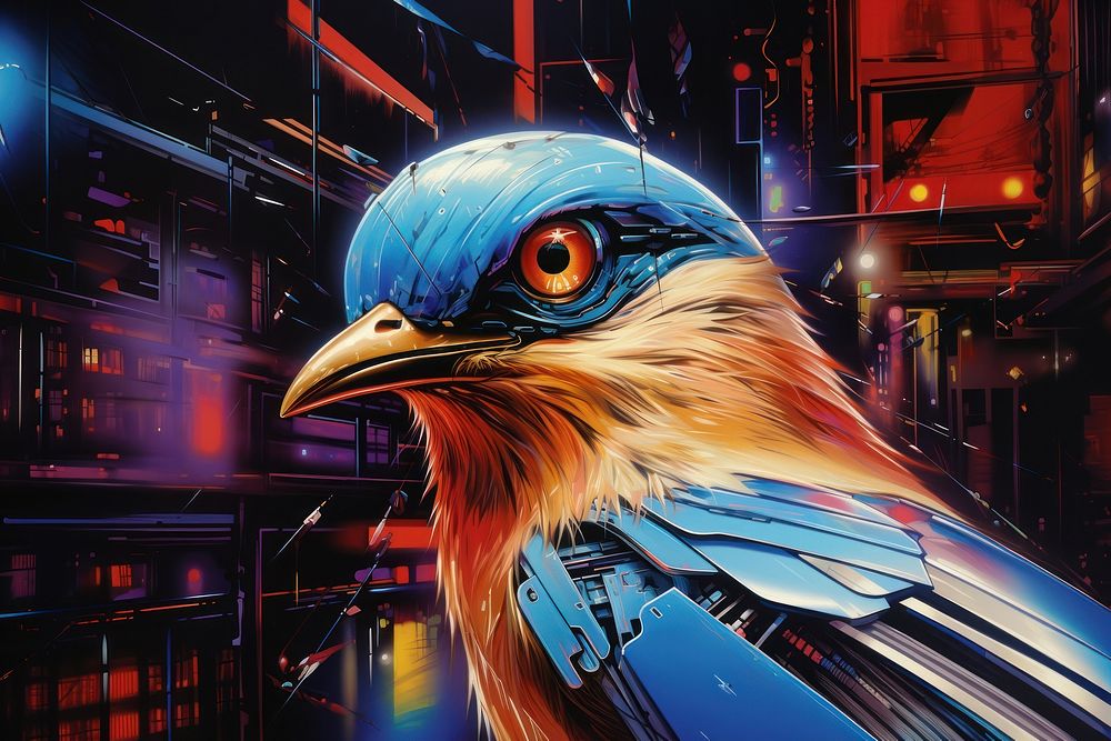 Bird in cyberpunk city street animal beak art.