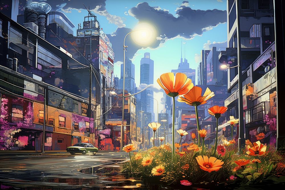 Wildflowers in cyberpunk city street architecture cityscape outdoors.