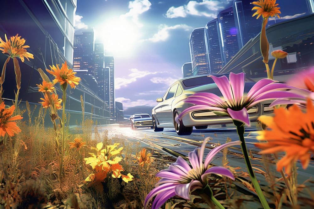 Wildflowers in cyberpunk city street landscape outdoors vehicle.