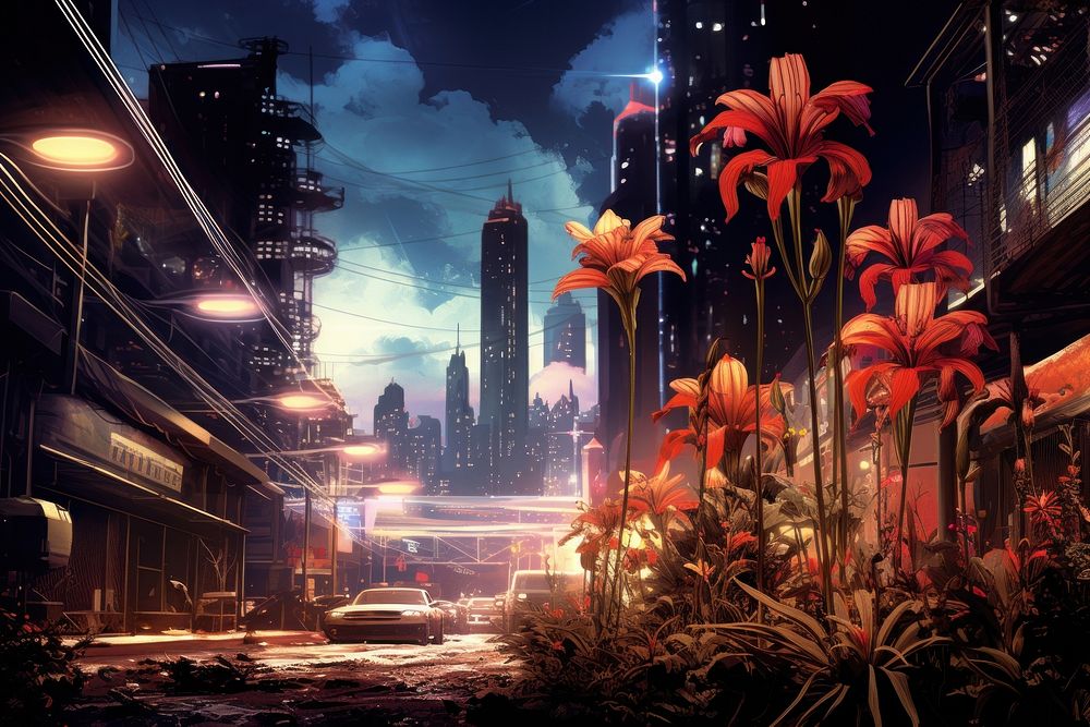 Wildflowers in cyberpunk city street architecture cityscape building.