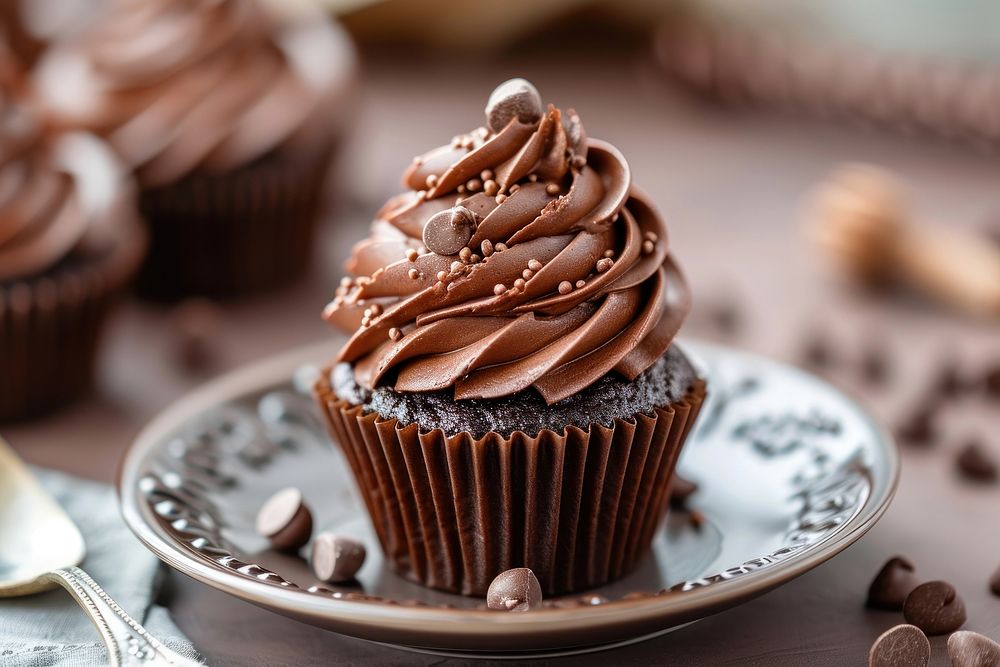 Chocolate cupcake on dish dessert muffin cream.