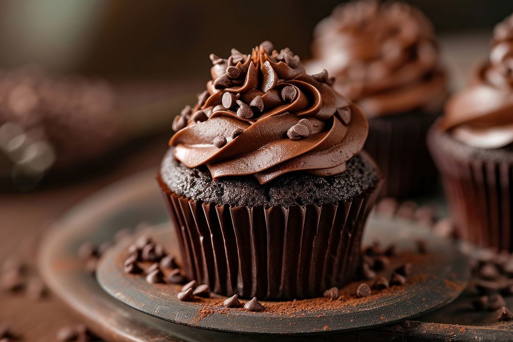 Chocolate cupcake on dish dessert food freshness.