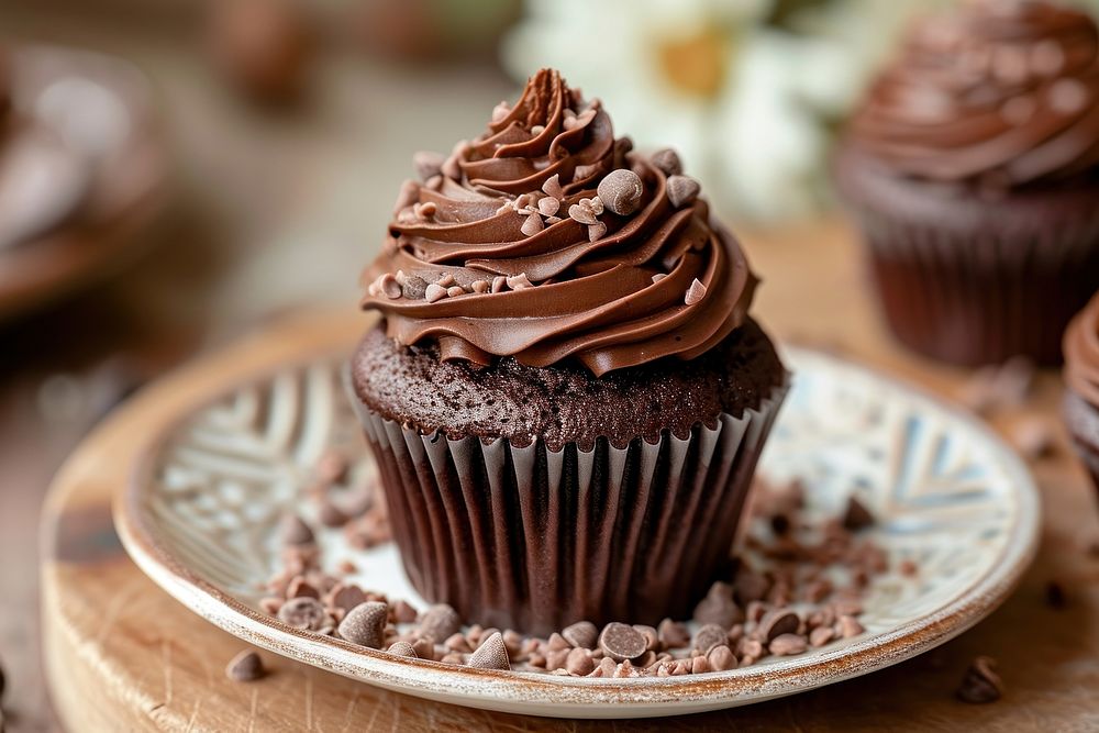 Chocolate cupcake on dish dessert cream food.