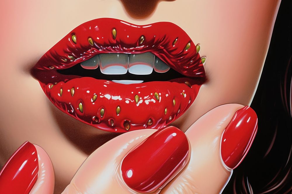 Hand holding a strawberry cosmetics lipstick nail.