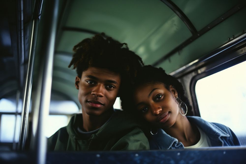 African teenage couple standing photography portrait vehicle.