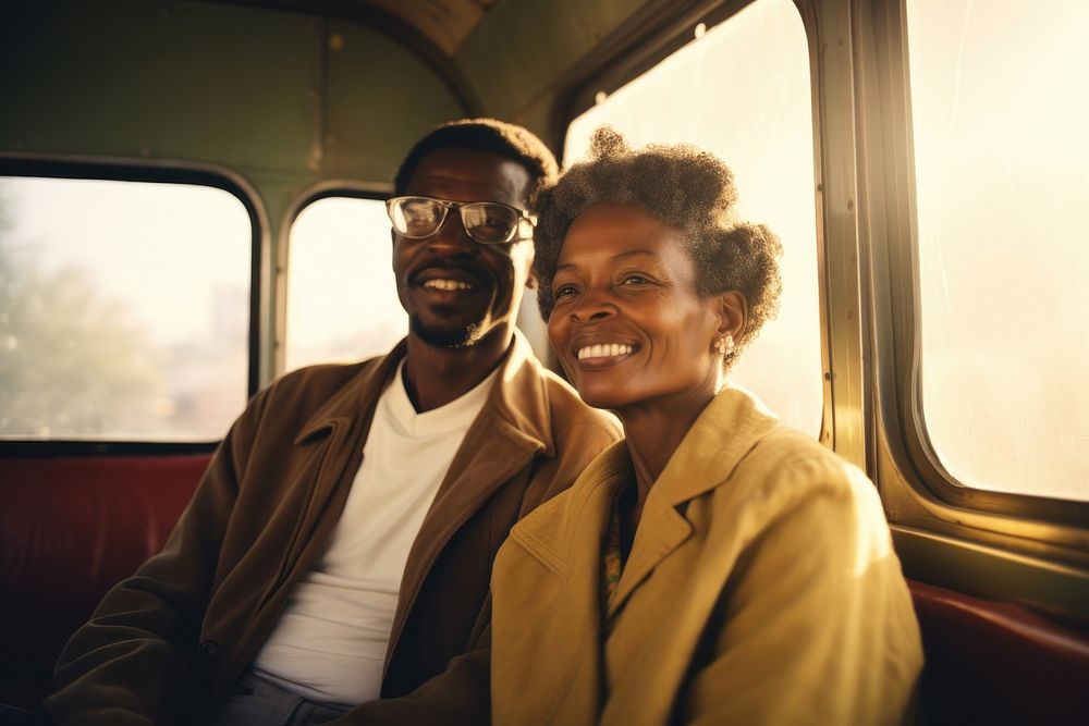 African mid-ages couple standing in bus adult love men.