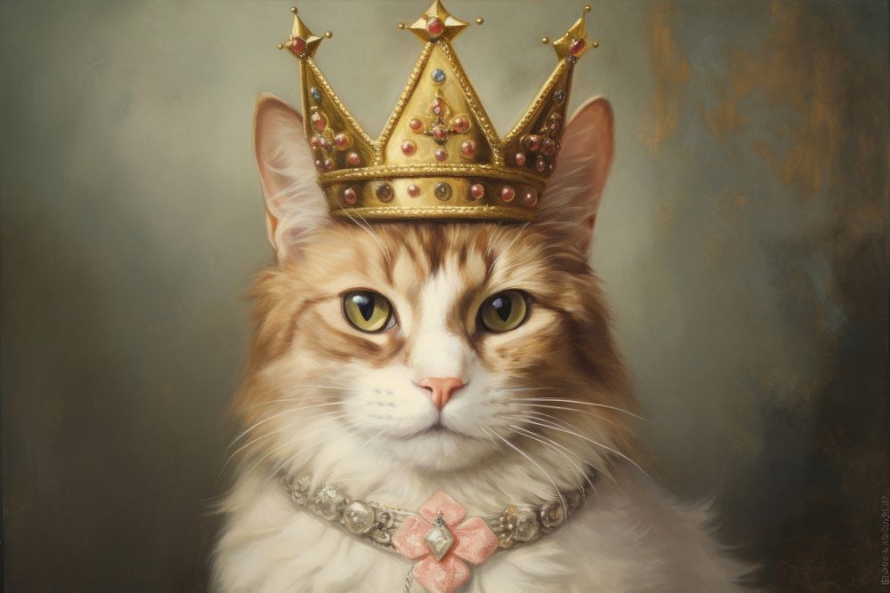 Cat wearing crown painting animal mammal. 