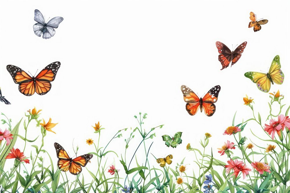 Butterfly line horizontal border insect animal white background.