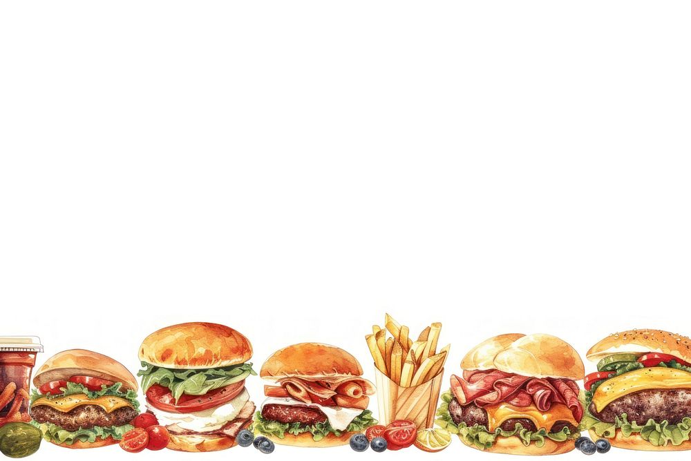 Food line horizontal border meal white background hamburger.