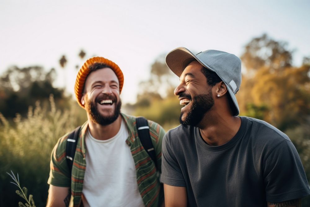 Male friends laughing adult smile. 