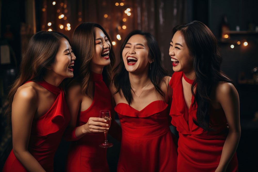 Group of chinese friends laughing party adult. AI generated Image by rawpixel.