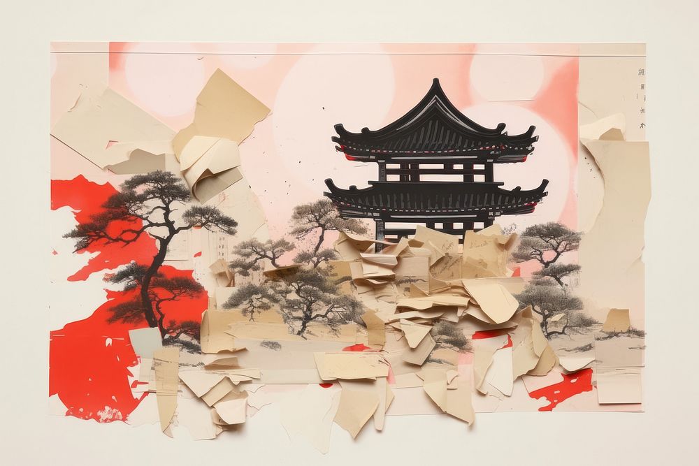 Abstract chinese temple ripped paper art collage architecture.