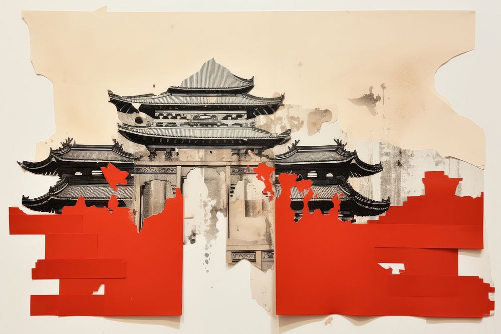 Abstract chinese temple ripped paper art painting architecture.