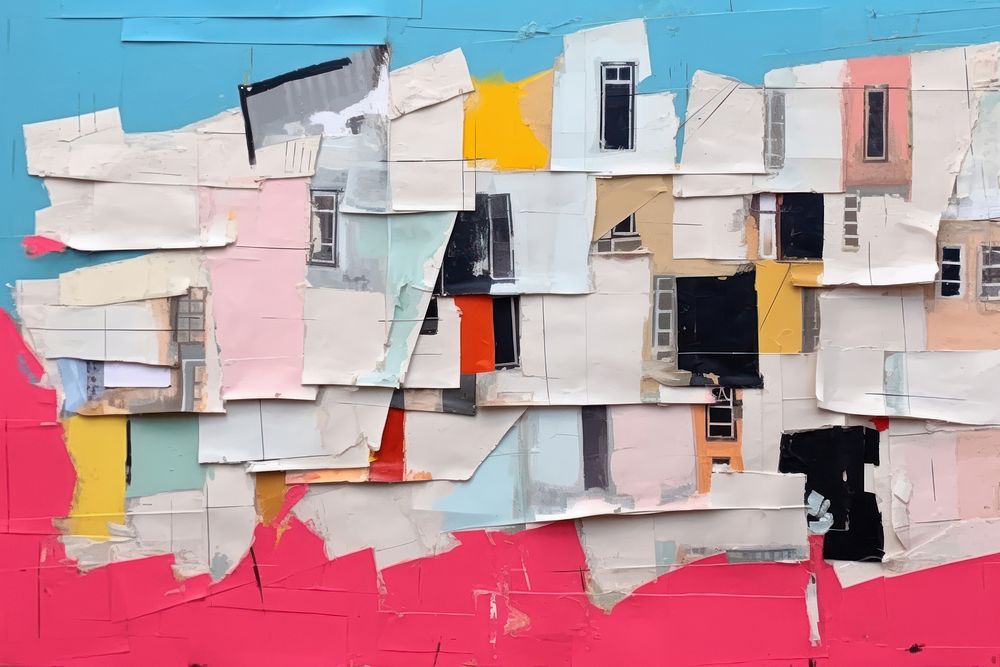 Abstract amert city buildings ripped paper art architecture collage.