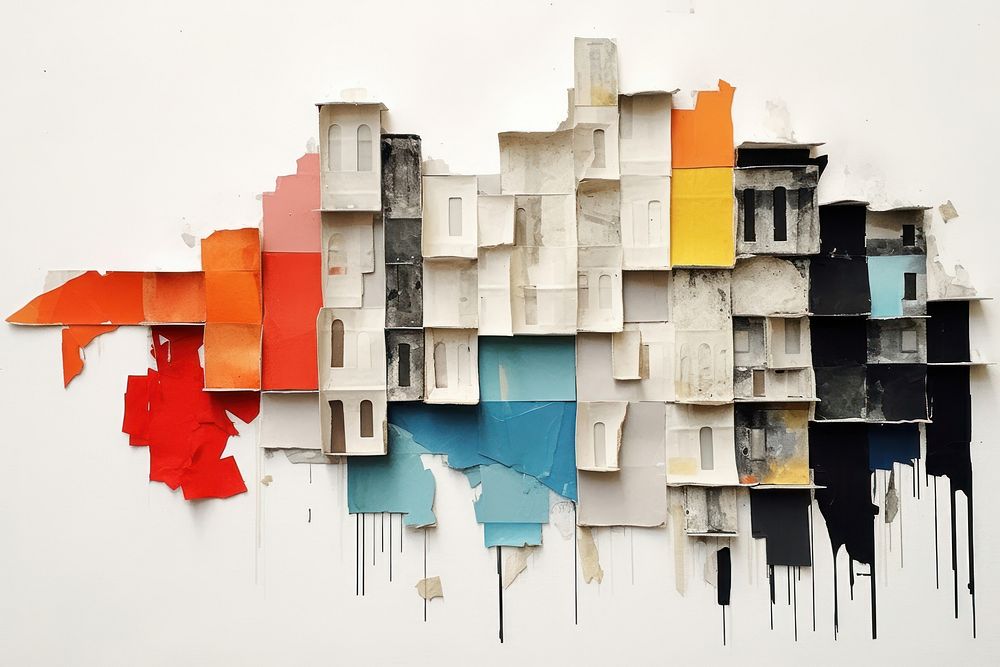 Abstract buildings ripped paper art architecture collage.