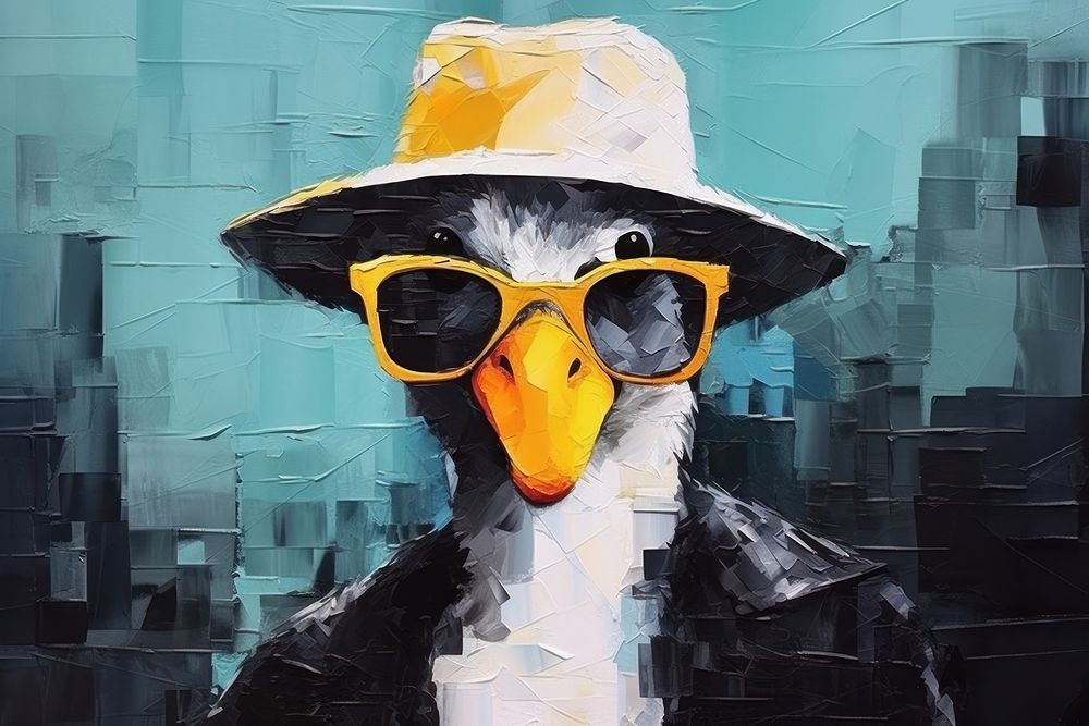 Abstract duck with sunglasses and hat ripped paper art painting animal.