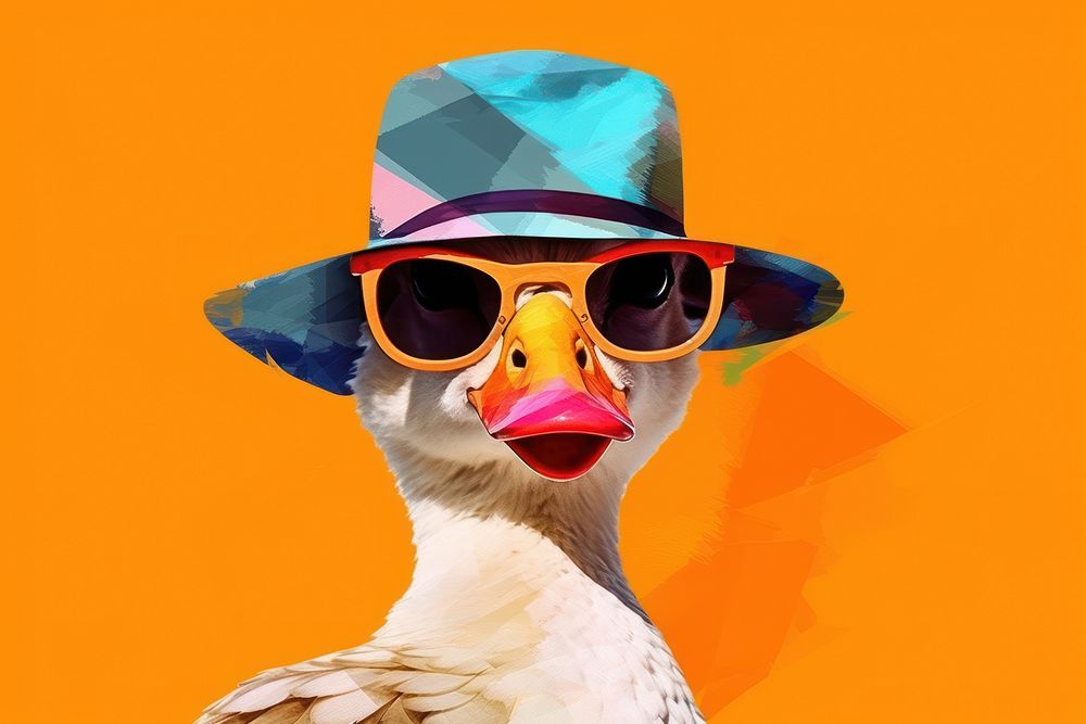 Abstract duck with sunglasses and hat ripped paper animal bird beak.