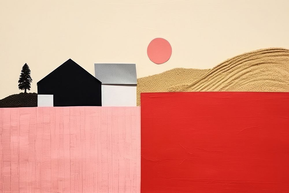 Abstract farm ripped paper art architecture landscape.