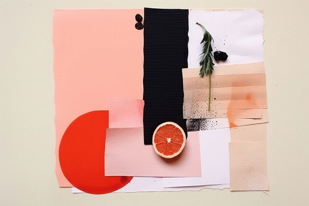 Abstract italian restaurant ripped paper art grapefruit collage.
