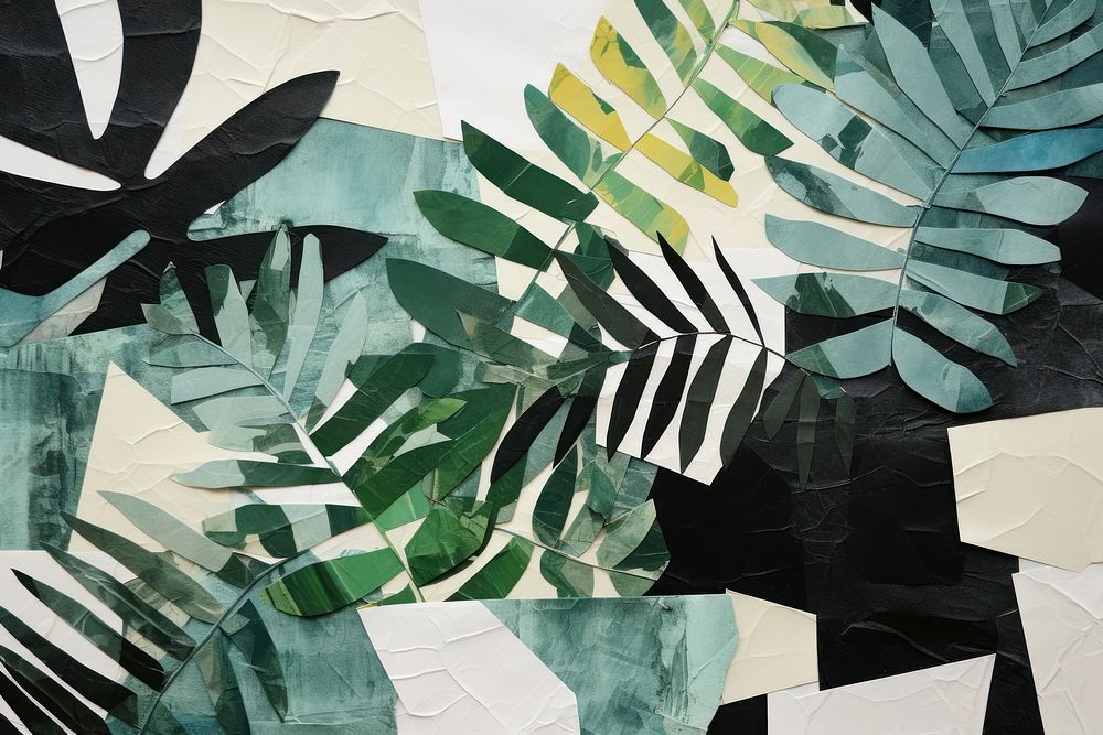 Abstract mystery jungle ripped paper art collage plant.
