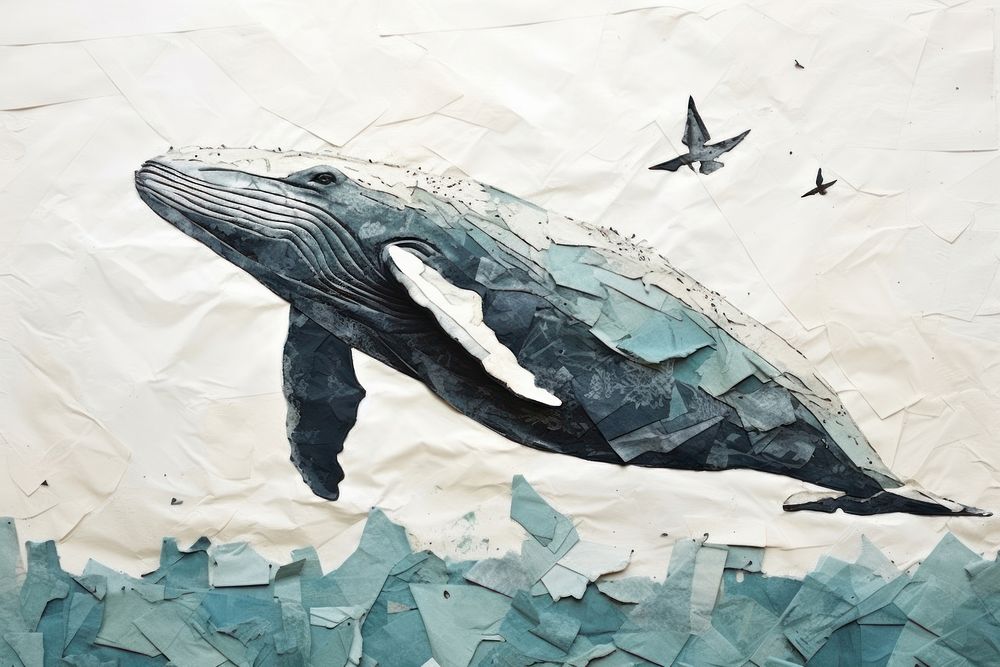 Abstract surreal whale ripped paper animal mammal art.